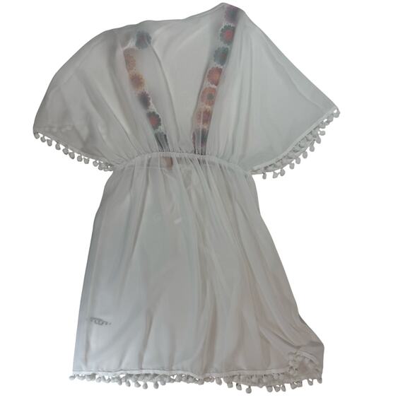 Sheer White Swim Cover Up Women’s Small Floral Embroidered Boho Beach Kimono - Picture 3 of 5